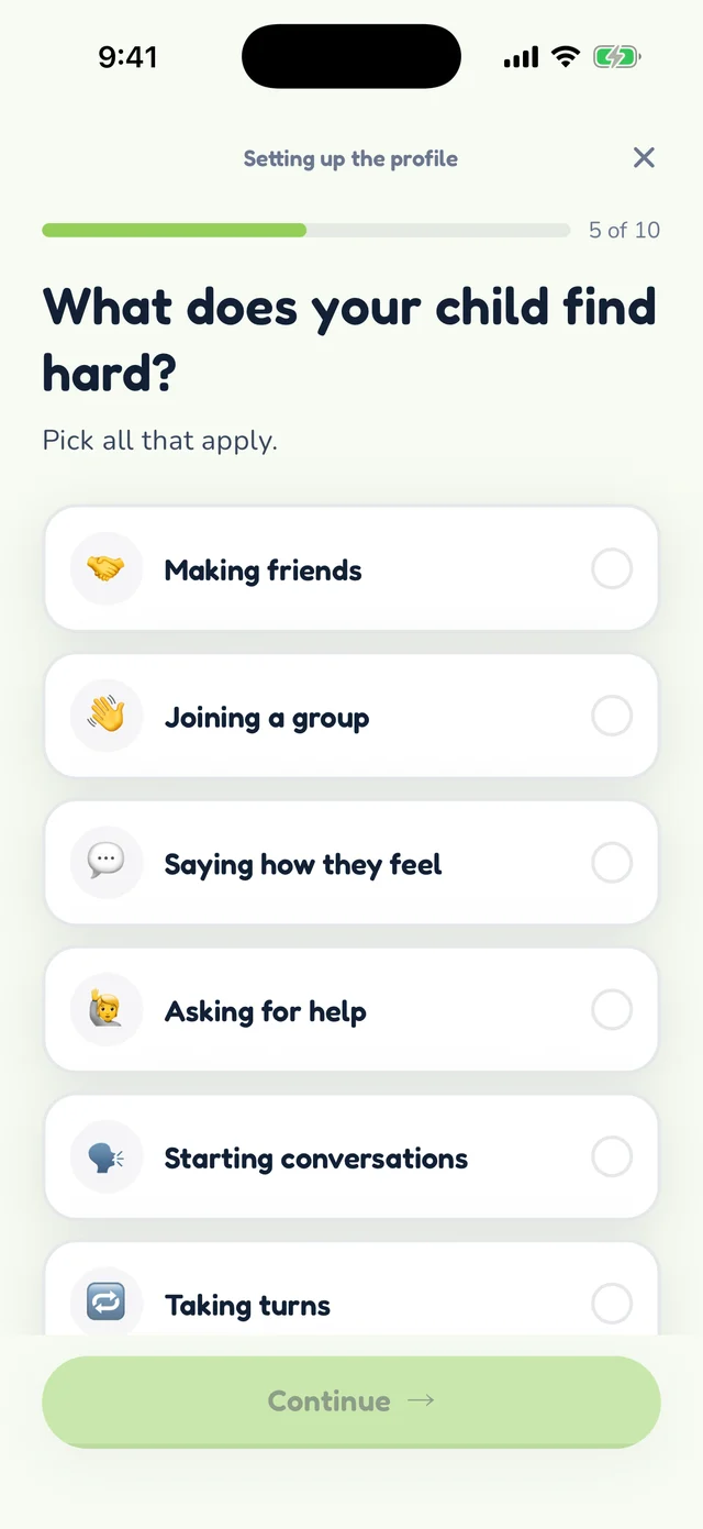 Skill Bloom onboarding: what does your child find hard?